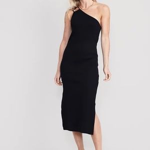 Fitted One-Shoulder Double-Strap Rib-Knit Midi Dress